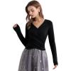 imageCHICWISH Women Casual Cross Wrap Ruched V Neck Long Sleeves Tops Slim Fitted T Shirt Basic Solid Tunic Black TopsBlack