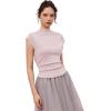 imageCHICWISH Women Summer Cap Sleeve Tops Mock Neck T Shirt Casual Back Drawstring Waist Slim Fit Knit Solid TopsPink