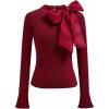 imageCHICWISH Women Bow Tied Long Sleeve Knit Top Mock Neck Slim Fitted Elegant Blouses Top Solid Wrap Pullover TopsBurgundy
