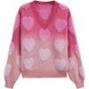 imageCHICWISH Women Cute Ombre Fuzzy Heart Valentines Knit Sweater V Neck Long Sleeve Fringe Trim Soft Casual Knit Pullover TopsPink