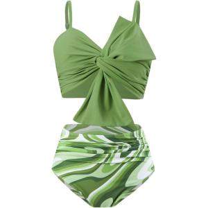 imageCHICWISH Women Bikini Sets Swimsuits Ruched Knot Front Two Piece Bathing SuitGreen
