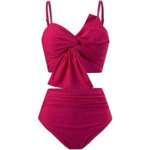 imageCHICWISH Women Bikini Sets Swimsuits Ruched Knot Front Two Piece Bathing SuitHot Pink