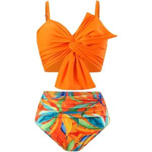 imageCHICWISH Women Bikini Sets Swimsuits Ruched Knot Front Two Piece Bathing SuitOrange