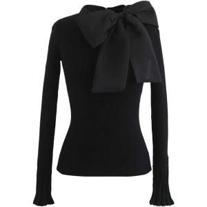 imageCHICWISH Women Bow Tied Long Sleeve Knit Top Mock Neck Slim Fitted Elegant Blouses Top Solid Wrap Pullover TopsBlack