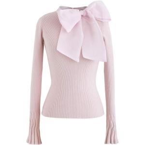 imageCHICWISH Women Bow Tied Long Sleeve Knit Top Mock Neck Slim Fitted Elegant Blouses Top Solid Wrap Pullover TopsPink