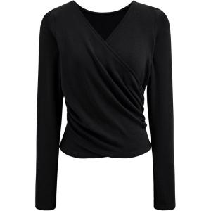 imageCHICWISH Women Casual Cross Wrap Ruched V Neck Long Sleeves Tops Slim Fitted T Shirt Basic Solid Tunic Black TopsBlack