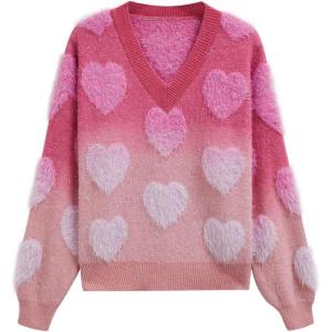 imageCHICWISH Women Cute Ombre Fuzzy Heart Valentines Knit Sweater V Neck Long Sleeve Fringe Trim Soft Casual Knit Pullover TopsPink