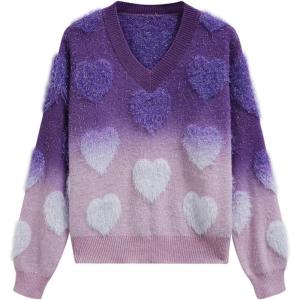 imageCHICWISH Women Cute Ombre Fuzzy Heart Valentines Knit Sweater V Neck Long Sleeve Fringe Trim Soft Casual Knit Pullover TopsPurple