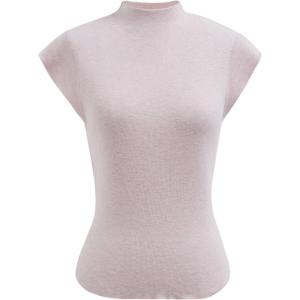 imageCHICWISH Women Summer Cap Sleeve Tops Mock Neck T Shirt Casual Back Drawstring Waist Slim Fit Knit Solid TopsPink