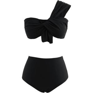 imageCHICWISH Womens BlackWhiteRust RedBrown Sweet Knot OneShoulder Bikini Set SwimsuitBlack