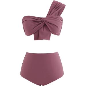 imageCHICWISH Womens BlackWhiteRust RedBrown Sweet Knot OneShoulder Bikini Set SwimsuitRust Red