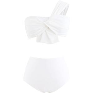 imageCHICWISH Womens BlackWhiteRust RedBrown Sweet Knot OneShoulder Bikini Set SwimsuitWhite