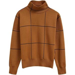 imageCHICWISH Womens Fall Turtleneck Sweater Pullover Plaid Long Sleeve Casual Knitted Winter Checkered Sweaters TopsPumpkin Gridturtleneck