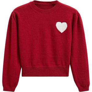imageCHICWISH Womens Pullover Sweaters Cute Heart Crew Neck Knit Sweater Puff Sleeve Casual TopsRed