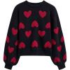 imageCHICWISH Women Romantic Hearts Knit Sweater Puff Long Sleeve Crew Neck Soft Casual Valentines Party Crop Pullover TopsBlack