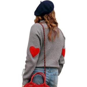 imageCHICWISH Women Comfy Casual Long Sleeve Heart Shape Patched GreyWhiteNavy Knit Top Pullover SweaterGrey