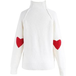imageCHICWISH Women Comfy Casual Long Sleeve Heart Shape Patched GreyWhiteNavy Knit Top Pullover SweaterWhite