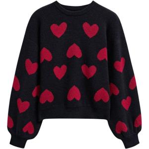 imageCHICWISH Women Romantic Hearts Knit Sweater Puff Long Sleeve Crew Neck Soft Casual Valentines Party Crop Pullover TopsBlack