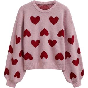 imageCHICWISH Women Romantic Hearts Knit Sweater Puff Long Sleeve Crew Neck Soft Casual Valentines Party Crop Pullover TopsDusty Pink