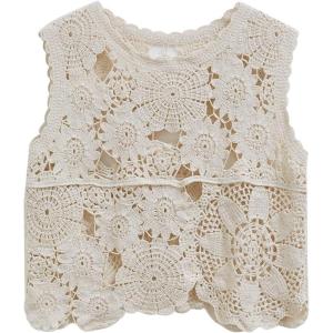 imageCHICWISH Women Summer Bohemian Crewneck Sleeveless Cutwork Crochet Top Casual Hollow Out Cropped Beach Tank Top Vest Sand