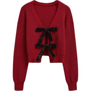imageCHICWISH Women Velvet Tie Front Crop Ribbed Knit Cardigan Sweaters V Neck Long Sleeves Trendy Fall Winter Casual TopsRed