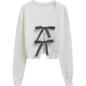 imageCHICWISH Women Velvet Tie Front Crop Ribbed Knit Cardigan Sweaters V Neck Long Sleeves Trendy Fall Winter Casual TopsWhite