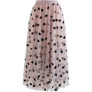 imageCHICWISH Womens 3D Heart DoubleLayered Mesh Tulle Maxi SkirtBlush Pink3d Heart