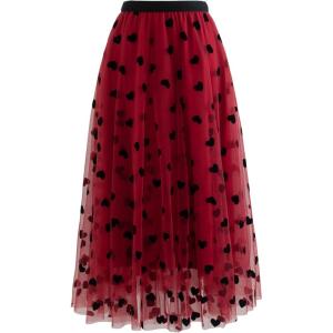 imageCHICWISH Womens 3D Heart DoubleLayered Mesh Tulle Maxi SkirtRed3d Heart