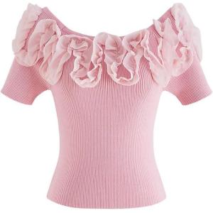 imageCHICWISH Womens BlackWhitePink Ruffle Mesh Boat Neck Knit TopRuffle Meshpink