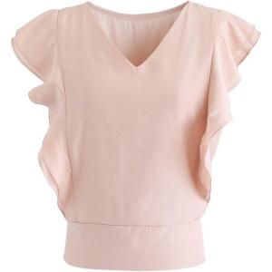 imageCHICWISH Womens Comfy Casual WhitePeach PinkBlack Bowknot Tie Waist Sleeveless Ruffle Crop VNeck TopPeach