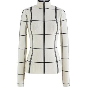 imageCHICWISH Womens Grid Mock Neck Knit Top Sweater Pullover Plaid Long Sleeve Casual Knitted Fall CheckeredIvory Gridmock Neck