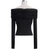 imageCHICWISH Women Black Off Shoulder Knit Top Sexy Long Sleeve Mesh Spliced Night Out Tunics TopsBlack