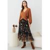 imageCHICWISH Women Floral Embroidered Tulle Skirt Flared A Line High Elastic Waist Mesh DoubleLayered Midi SkirtBlack