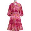 imageCHICWISH Women Floral Jacquard Mini Dress Puff Sleeves Mock Neck Button Garedn Party Organza Casual Dress with BeltHot Pink