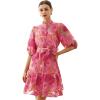imageCHICWISH Women Floral Jacquard Mini Dress Puff Sleeves Mock Neck Button Garedn Party Organza Casual Dress with BeltHot Pink