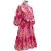 imageCHICWISH Women Floral Jacquard Mini Dress Puff Sleeves Mock Neck Button Garedn Party Organza Casual Dress with BeltHot Pink