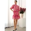 imageCHICWISH Women Floral Jacquard Mini Dress Puff Sleeves Mock Neck Button Garedn Party Organza Casual Dress with BeltHot Pink