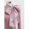 imageCHICWISH Women Organza Bowknot Neck Knit Top Long Sleeve Elegant Slim Fitted Fall Casual Solid Pullover TopsDusty Pink