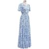 imageCHICWISH Women Short Bubble Sleeves Cotton Maxi Dress Flower Printed V Neck Elastic Waist Casual Red Long Summer DressesBlue