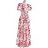 imageCHICWISH Women Short Bubble Sleeves Cotton Maxi Dress Flower Printed V Neck Elastic Waist Casual Red Long Summer DressesRed