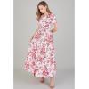 imageCHICWISH Women Short Bubble Sleeves Cotton Maxi Dress Flower Printed V Neck Elastic Waist Casual Red Long Summer DressesRed