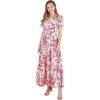 imageCHICWISH Women Short Bubble Sleeves Cotton Maxi Dress Flower Printed V Neck Elastic Waist Casual Red Long Summer DressesRed