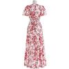 imageCHICWISH Women Short Bubble Sleeves Cotton Maxi Dress Flower Printed V Neck Elastic Waist Casual Red Long Summer DressesRed