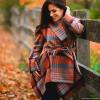 imageCHICWISH Womens Turn Down Shawl Collar Earth Tone Check Asymmetric Hemline Wool Blend CoatCoral