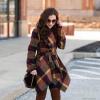 imageCHICWISH Womens Turn Down Shawl Collar Earth Tone Check Asymmetric Hemline Wool Blend CoatPlum