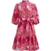 imageCHICWISH Women Floral Jacquard Mini Dress Puff Sleeves Mock Neck Button Garedn Party Organza Casual Dress with BeltHot Pink