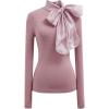 imageCHICWISH Women Organza Bowknot Neck Knit Top Long Sleeve Elegant Slim Fitted Fall Casual Solid Pullover TopsDusty Pink