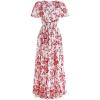 imageCHICWISH Women Short Bubble Sleeves Cotton Maxi Dress Flower Printed V Neck Elastic Waist Casual Red Long Summer DressesRed