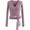imageCHICWISH Womens BlackLilac VNeck TieWaist Bowknot Wrap Knit TopLilac
