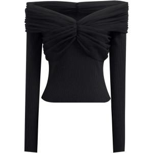 imageCHICWISH Women Black Off Shoulder Knit Top Sexy Long Sleeve Mesh Spliced Night Out Tunics TopsBlack